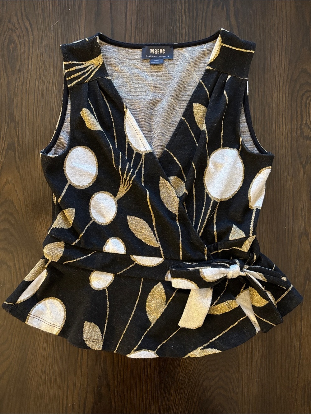 Maeve Anthropologie Wrap Peplum Top XS Black Gold Floral